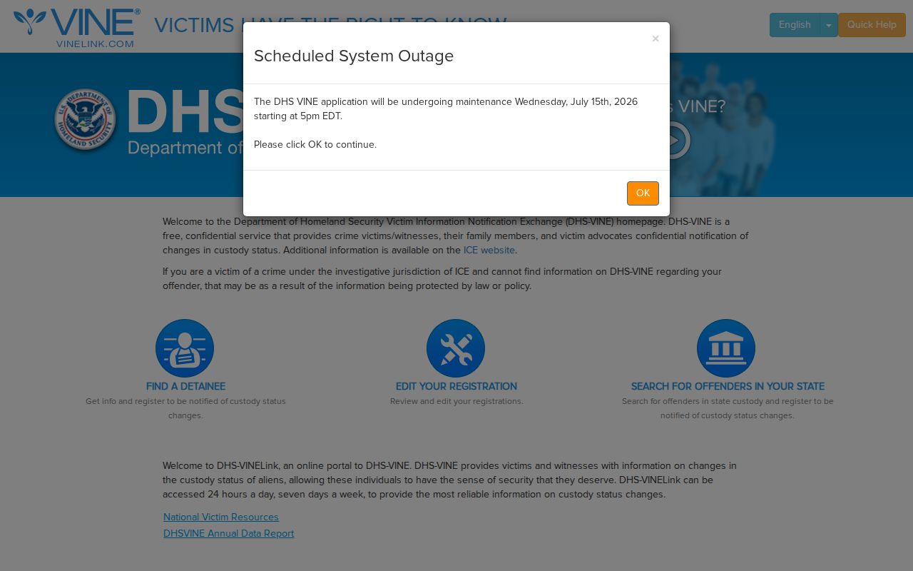 National VINELink entry for DeKalb County release notification registration